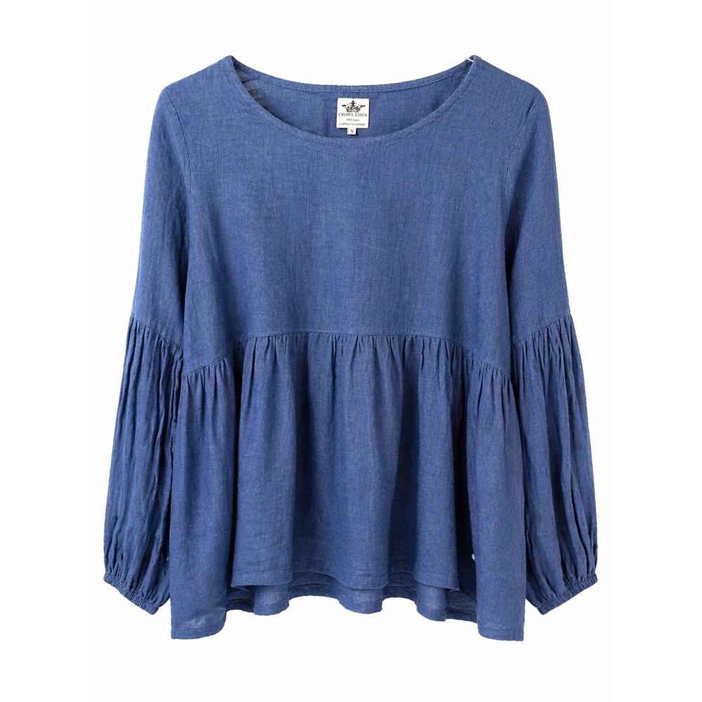 Crown Linen Designs Top Women S Blue 100% European Linen Babydoll Peplum Blouse